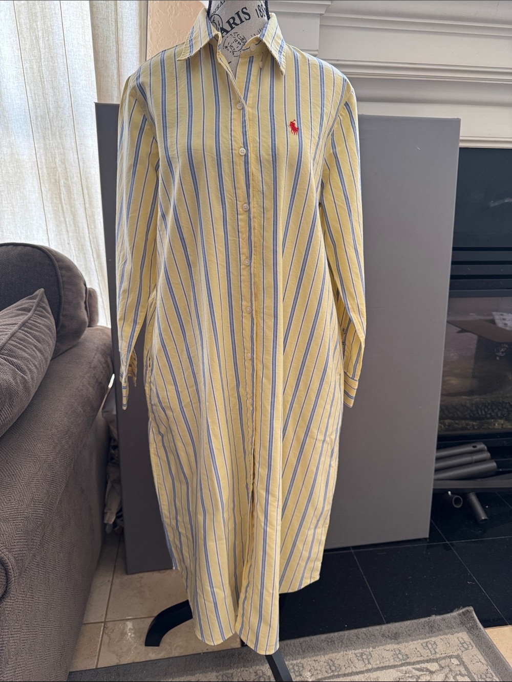 Polo by Ralph Lauren Yellow and Blue Striped Maxi Shirt Dress